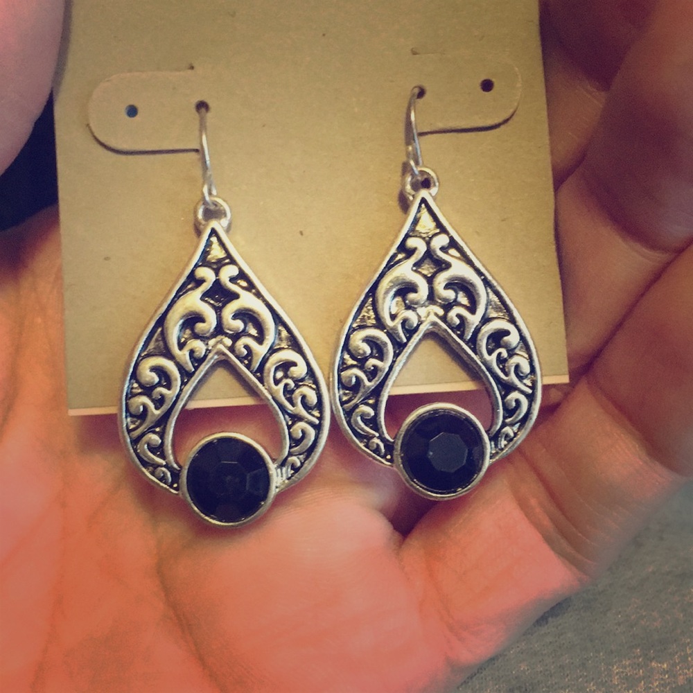 Silver with black gem earrings